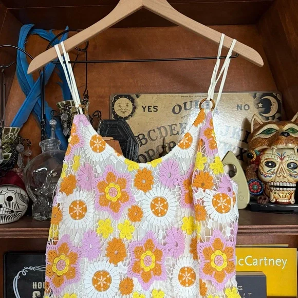 Zara - Midi Crochet Daisy Dress Orange Yellow Pink - size xs - Picture 6 of 8